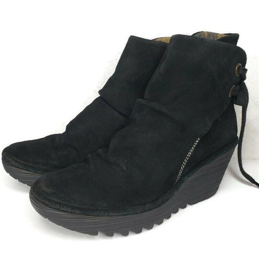 Fly London Boots Yama Wedge Ankle Bootie Black Suede Lace Up Size 38 EU 8 US